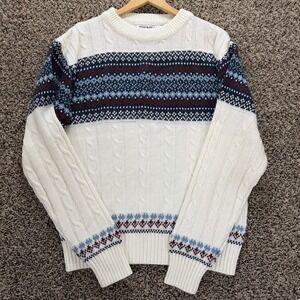 Vintage Alpine Fair Isle Cable Knit Sweater Cream Nordic Crewneck Large Trent